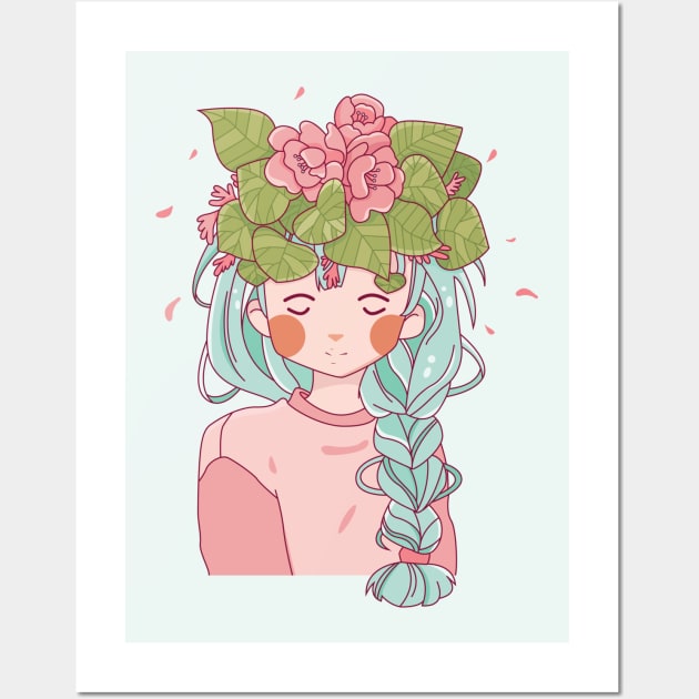 Beautiful Blue Hair Girl in pink top with Floral head dress Wall Art by TinPis